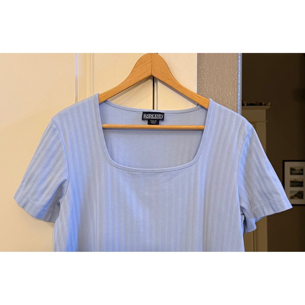 Lands' End Women's Light Blue Ribbed Square Neck Short Sleeve Shirt Size L/14-16 - Picture 2 of 6